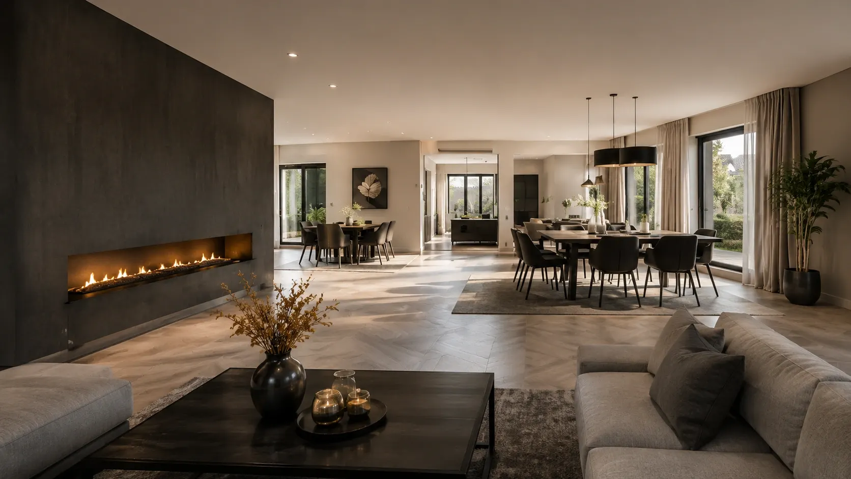 Open woonkamer met eetkamer en lijnhaard na complete renovatie