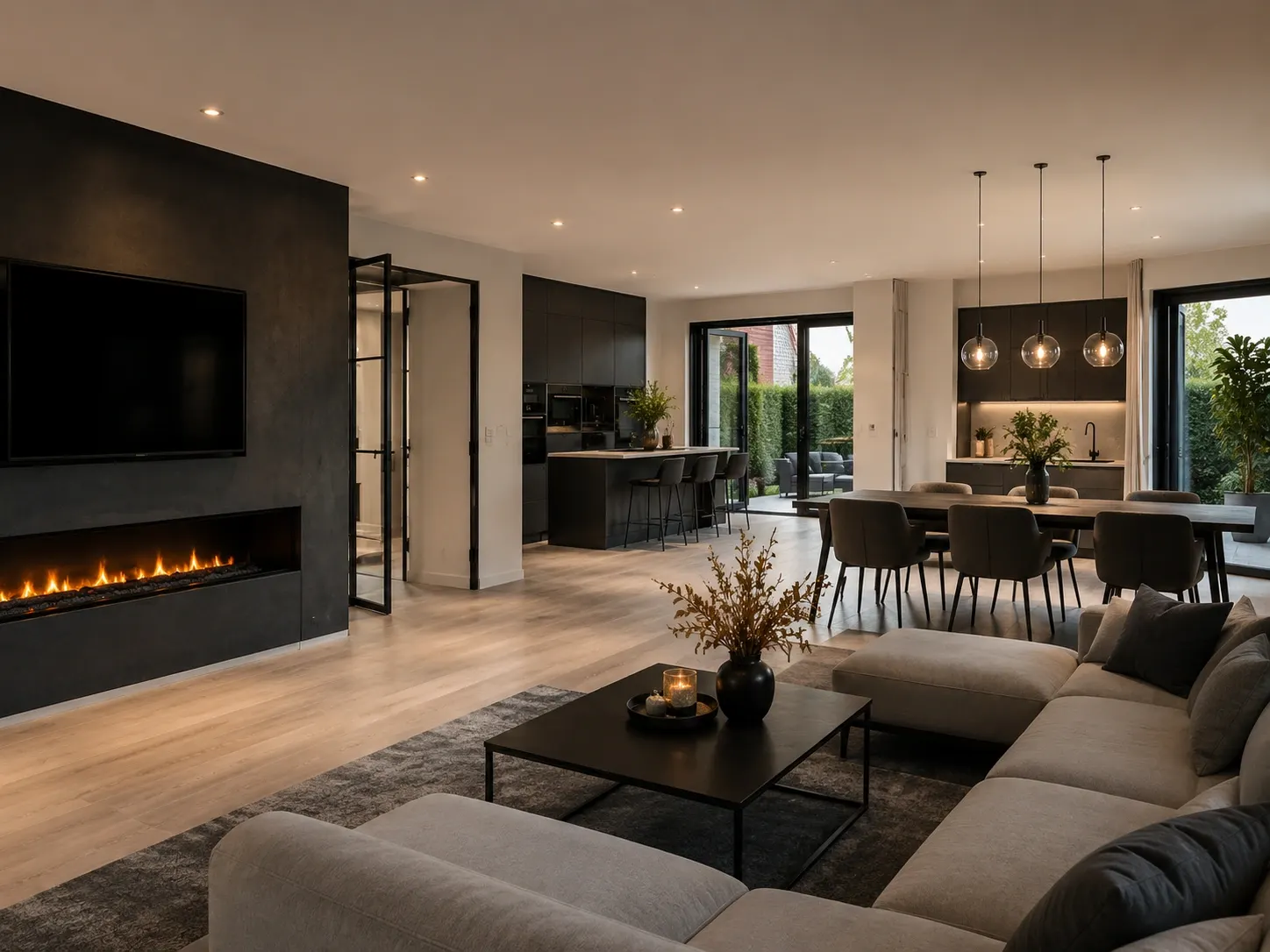Woonkamer met open keuken, tv-wand en strak afgewerkte wanden