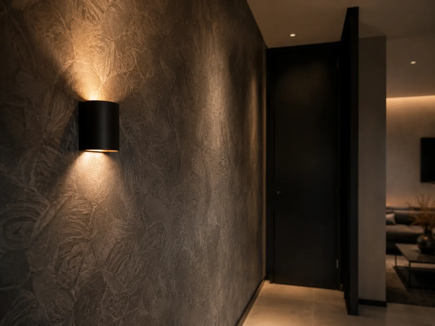 Hal met donkere wandafwerking en een wandlamp