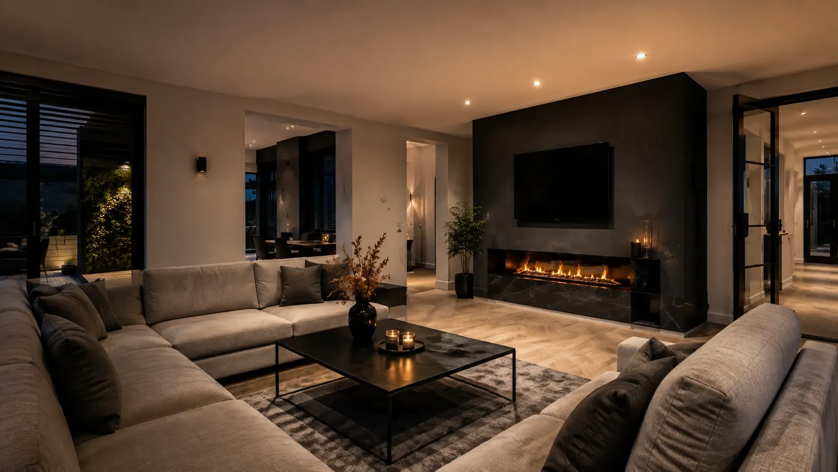 Woonkamer met tv-wand, lijnhaard en strakke wandafwerking